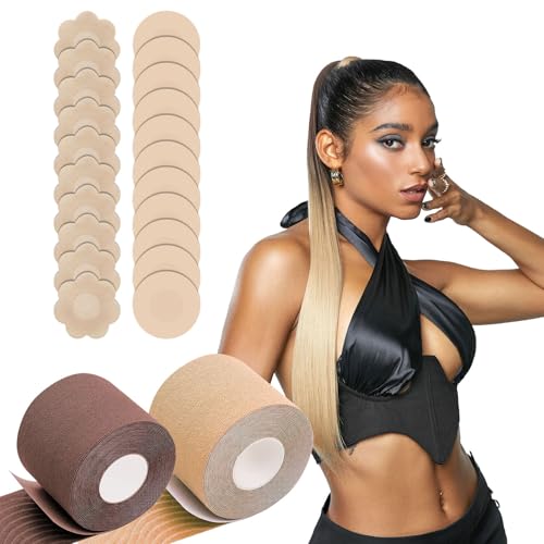 Boob Tape,2 Rolls Breast Tape With 10 Pairs Disposable Nipple Covers,Breast Lift Tape for A-E Cup Beige
