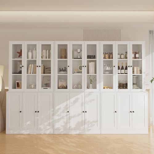 VOWNER 3PCS Bookshelf and Bookcase, 5-Tier Modern Bookshelves with Doors, Glass Display Cabinet with Lager Storage Shelf, Combination Storage Shelves for Home Office, White(DDD)