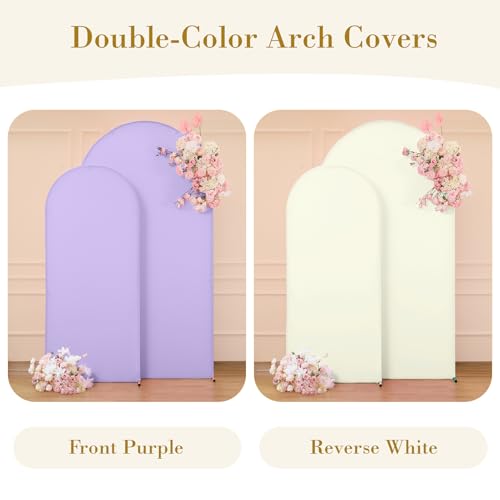 Image of Beige and Purple Arch Cover 2 Set-7.2FT, 6FT Arch Backdrop Cover Spandex Fitted Wedding Arch Stand Covers for Bridal Shower Wedding Baby Shower Birthday Party Ceremony Photo Background Decorations