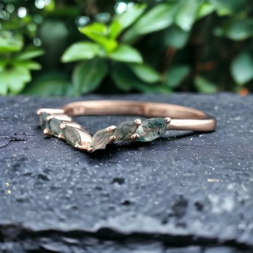 Generic Marquise cut Moss agate Wedding Band Unique Rose gold Moss Agate Curved Wedding Band Vintage Art deco Bridal Open Stacking ring Promise ring BY COSMICJEWELCRAFTS, Green, CO-SM-10104