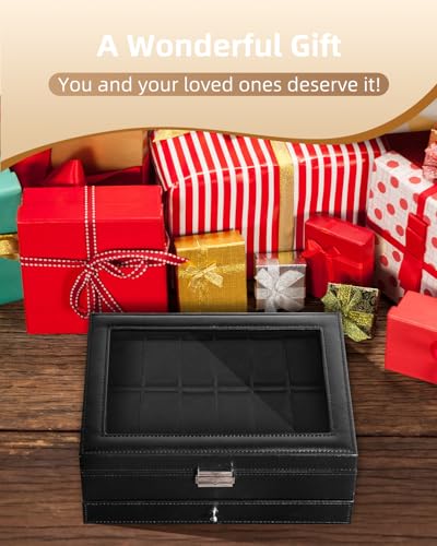Image of Uten 12-Slot Watch Box, 2-Layers PU Leather Watch Case with Glass Lid, Watch Holder Organizer with Soft Pillow and Velvet Lining, Watch and Jewelry Storage Box, Black