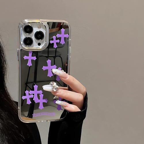 xoniery Compatible with iPhone 16 Pro Cute Glossy Mirror Back Case,Cross Pattern,Senior Shockproof Protection for iPhone 16 Pro Case for Women Girls-Purple