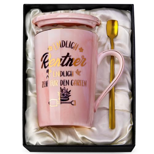 Ruhestand Geschenk Frauen, Renteneintritt Geschenke Frau, 400 ml Rosa Marmor Rentnerin Tasse mit Golddruck, Geburtstagsgeschenk für Rentner, Lustige Becher mit Deckel Löffel, Grußkarte, Geschenkbox