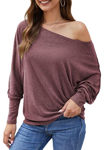 Image of Aifer Women's Off The Shoulder Tops Sexy Long Sleeve Shirts Oversized Fashion Casual Batwing Sweaters Pullover Tunic Tops