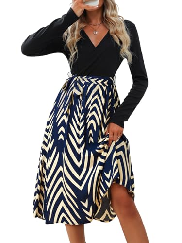 CUPSHE Damen Herbst Kleid V Ausschnitt Langarm Bindegürtel A Linie Leopardenmuster Partykleid Freizeitkleider Midi Skater Dress Königsblau Geo M