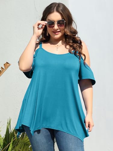 Image of LARACE Cold Shoulder Tops for Womens Summer Clothes Spaghetti Strape Tunic Oversized Shirts Asymmetrical Plus Size Blouse