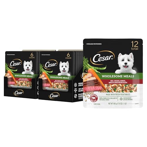 Image of Cesar Wholesome Meals Wet Dog Food Pouch, Beef & Chicken, 17.6 oz, 12 Count | Carrots, Barley & Green Beans Recipe, Pack of 2, real meat #1 ingredient, slow-cooked, resealable pouch, multi-serve