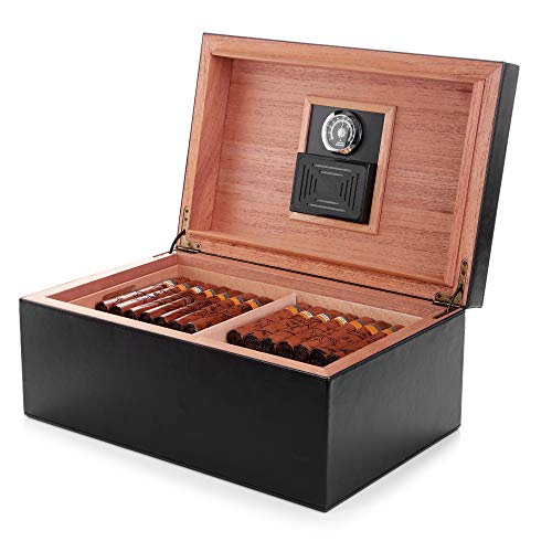 Cigar Humidor, MEGACRA 100-120 Cigar Desktop PU Leather Cedar Humidor with Tray and 2 Dividers, Exclusive Luxury Humidifier and Hygrometer Box Set