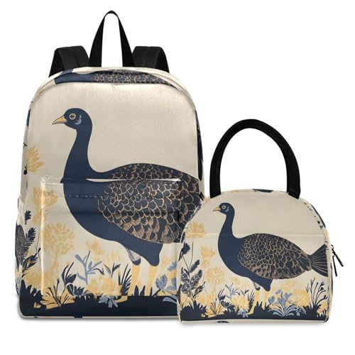 Anime Bird Print Backpack Set with Lunch Bag, Large Capacity Travel Backpacks and Lunch Box Insulated for Commute Hiking Picnic
