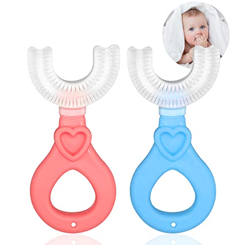 Vollmundige Zahnbürste in U-Form für Babys, mit Silikon-Massage-Zahnbürste für Kinder, 360 ° Zahnreinigung (Blau + Rosa 2-6 Jahre) Cover