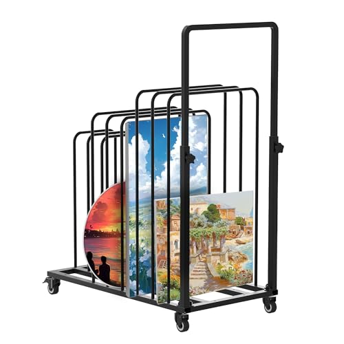 lukar Art Canvas Storage Rack with Handle, Metal Art Storage Rack with Wheels, Mobile Art Drying Rack, Rolling Art Canvas Organizer for Art Studio, Gallery, Artworks, Black