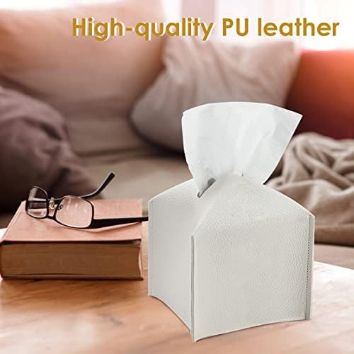 Tissue Box Cover Square Leather Box Holder 2pcs Delicate Decoration Tissue Organizer White Napkin Dispenser Cube Tissue Paper Cover Case for Restaurant Home Office Hotel Car
