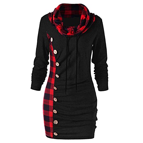 Women Plaid Cowl Neck Dress Buttons Details Pullover Sweatshirts Dress Casual Patchwork Long Sleeve Tunic Tops Dress Red
