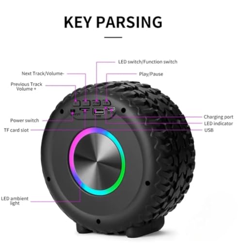 Image of PerfX Portable Car Wheel Bluetooth Speaker - Stereo Sound, RGB Lighting, 1200mAh Rechargeable Battery, Wireless with USB /TF /AUX Support (Black-02)
