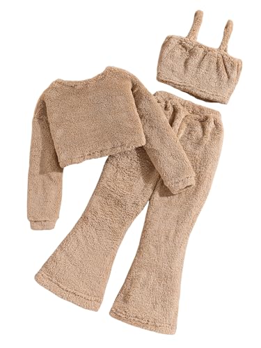 Image of SweatyRocks Girl's 3 Piece Outfits Long Sleeve Crop Sweatshirt and Cami Crop Top with Flared Pants Fuzzy Set