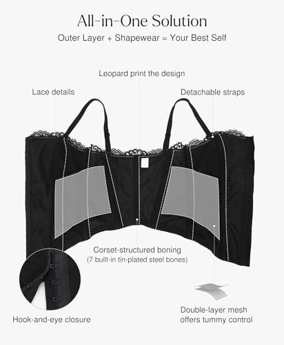 Popilush Corset Tops for Women Shapewear Sculpting Black Lace Top Detachable Strap Bustier with Buckle Summer Splash