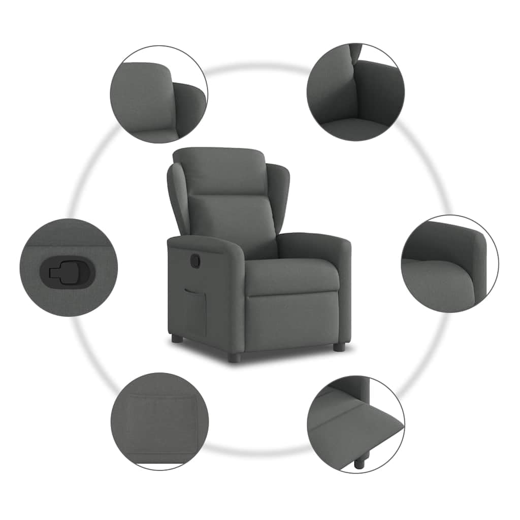 Fotel relaksacyjny, ciemnoszary, materiał z ręczną funkcją leżenia, regulowane oparcie, stabilna rama drewniana, wygodna tapicerka, kieszeń boczna, ergonomiczny kącik do czytania, do biura