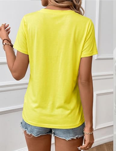 LaGracia Women's Cotton T Shirt V-Neck Short Sleeve Shirt Classic-Fit Casual Breathable Tee Summer Basic Tops Yellow L — view 3