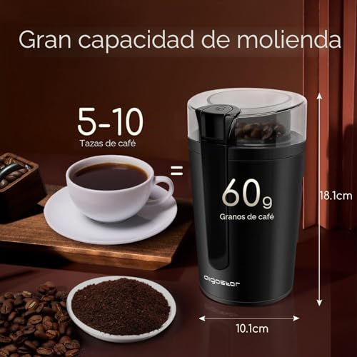 Miniatura 5 de Aigostar Molinillo De Café Eléctrico, Con Cuchilla De Acero Inoxidable, Semillas Especias Frutos Secos Molinos De Cuchillas De 200w Potencia, Capacidad 60gr Con Cepillo Para Limpieza, Libre De Bpa