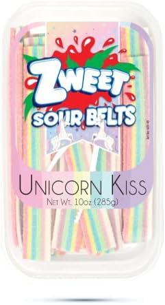 Zweet Sour Unicorn Kiss Candy Belts 10 Ounce – Sour Kosher Candy, Halal Candy – Resealable Pack of Sour Licorice Belts