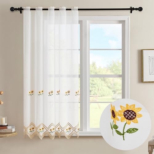 DALINA Textil - Cortina Cocina 105 x 140 cm, Visillo Cocina con Bordados Transparente un Panel 105 x 140 cm (Ancho por Largo), Girasol