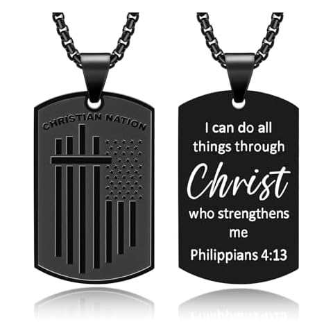 Dog Tag Cross Necklace for Men, Stainless Steel Pendant 24inch Box Chain USA American Flag Joshua 1:9 Black Patriotic Motto Necklaces Bible Verse Christian Religious Jewelry Gifts Cover