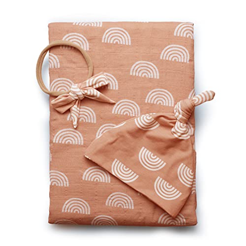 Image of Miaoberry 100% Organic Cotton Muslin Baby Swaddle Blanket Set | Caramel Rainbow| Newborn Girl Unisex Neutral| Boho Vintage Rainbow Baby| Matching Hat Bow |