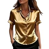 Blusas de Mujer Elegantes Fiesta de Satén Blusa Elegante Raso Color Sólido Camisa Talla Grande Moda Básico Top Manga Corta Oficina Tops Cuello Abierto Versátiles Camiseta Cómodo Chic Casual Boda