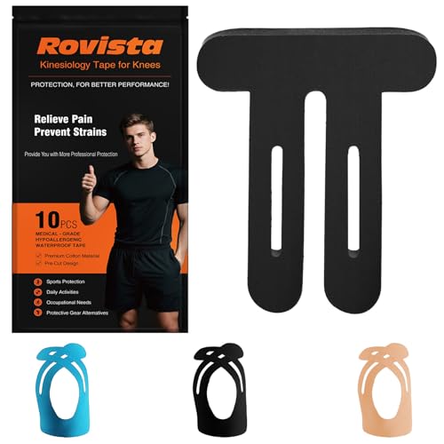 10 Pcs Precut Kinesiology Tape for Knees - Waterproof and Breathable Knee Tape - Latex-Free and Elastic Athletic Tape for Stability Support and Pain Relief (Black)