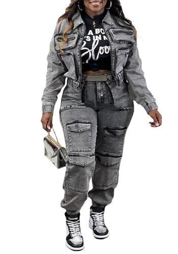 Voghtic Women's Two Piece Denim Outfits Long Sleeve Zipper Jean Jacket Cargo Pant Matching Sets