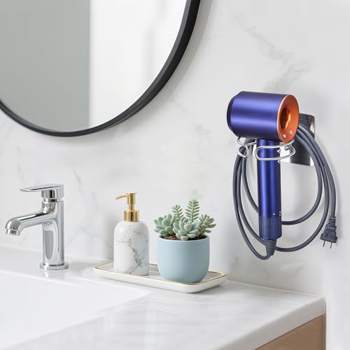 LOXSUN Föhn Halterung, Fönhalter Ohne Bohren, Edelstahl Föhnhalter Wand, Halterung für Fön Aufbewahrung Haartrocknerhalter, Fönhalterung Selbstklebend Föhnhalterungen für Bad (Silber) 4