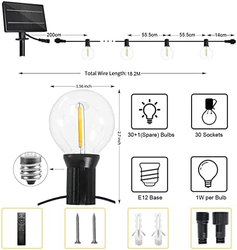 GLUROO 60FT G40 Solar Powered LED String Lights Outdoor, Remote Control, 4 Lighting Mode & USB Charged Garden Patio Lights, 2700K Plastic 30+1Bulbs Waterproof Festoon Lights for Outside, Home, Party