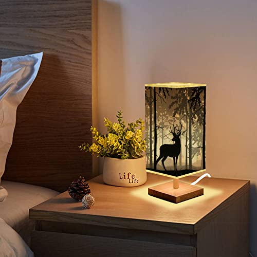 Bedside Table Lamp Deer With Antlers Posing Forest Silhouettes Of Trees Magical Misty Reading Small Desk Lamp Dimmable Flaxen Fabric Shade Wood Base Table Lamp For Living Room Bedroom Nightstand #TOP4