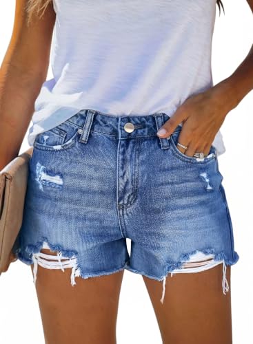 Image of onlypuff Womens Jean Short Cut Off Denim Shorts High Waist Ripped Distressed Stretchy
