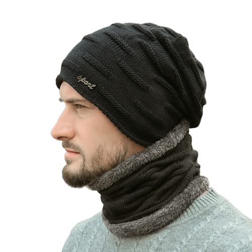 Conjunto de 2 peças de gorro e cachecol masculino de malha de caveira, gorro para outono e inverno,