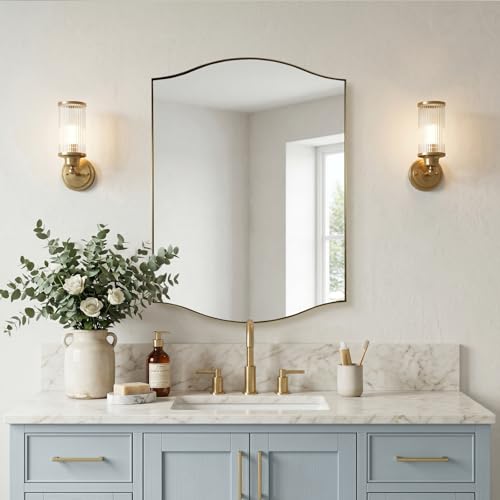 Image of ANDY STAR Gold Bathroom Mirror, 22 inchx30 inch Scalloped Wall Mirror in Stainless Steel Metal Frame, Unique Vanity Mirror with Modern Curved Edge Design, Ideal for Bathroom, Bedroom, Entryway
