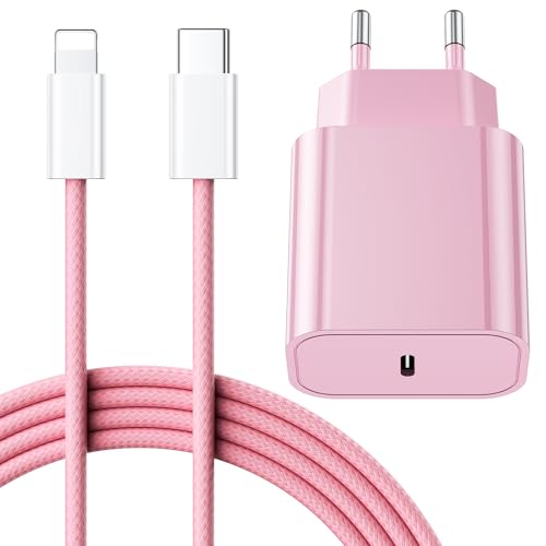 25W Cargador Carga Rapida for iPhone 14/14 Pro/14 Pro Max/14 Plus 13 12 11 SE XR X XS 8 7, USB C Carregador Enchufe Rapido Adaptador Charger Corriente con 2M Cable, Rosa