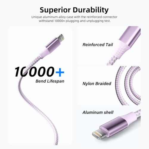 Image of 3 Pack 10 FT iPhone Charger Fast Charging Cord MFi Certified Lightning Cable Nylon Braided iPhone Charger Cord Compatible with iPhone 14 13 12 11 Pro Max XR XS X 8 7 6 Plus SE and More(Purple)