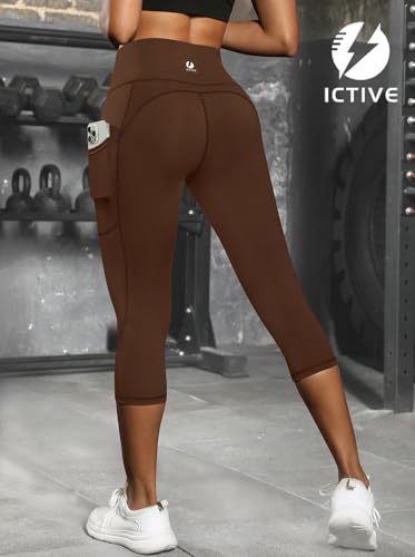 Fihapyli ICTIVE Women's Capris Yoga Pants with Pockets Crossover High Waisted Fitness Running Leggings Coffee M — view 3