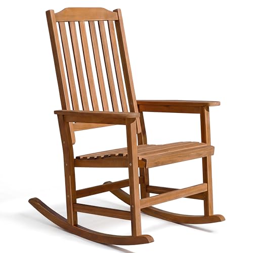 Devoko Outdoor Rocking Chair Acacia Wood Porch Rocking Chairs Outdoor Chairs with Widened Armrest for Porch Poolside Balcony and Yard Natural (1 Chair)