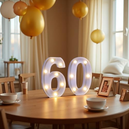 Image of LED Light Up Numbers, Marquee Number Sign for 60th Birthday Decor(60) | Battery Powered LED Lighted Numbers, Marquee Light Up Sign for Birthday Party Centerpieces Home Wall Decor Night Light