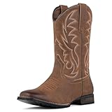 J's.o.l.e Cowboy Boots for Men Western Boots Wide Square Toe Men's Cowboy Boots Classic Embroidered with Pull On Slip Resistant Boots Brown US 9