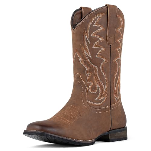 J's.o.l.e Cowboy Boots for Men Western Boots Wide Square Toe Men's Cowboy Boots Classic Embroidered with Pull On Slip Resistant Boots Brown US 9