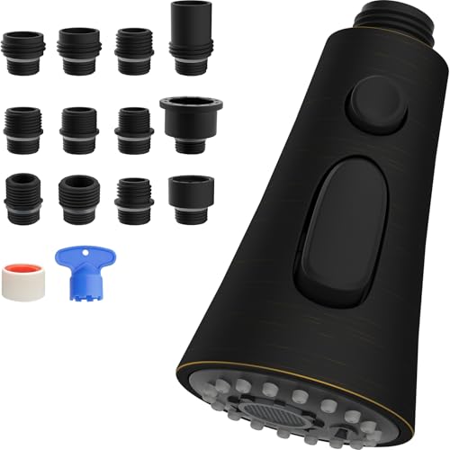 Hibbent 3-Function Pull Down Kitchen Faucet Head Replacement with 12 Adapters, NSF/ANSI/CAN 61 & CUPC Certified Sink Spray Nozzle, Compatible with Moen, Delta, Kohler Faucets, Oil-Rubbed Bro