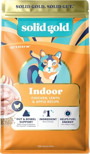 Solid Gold Indoor Dry Cat Food - Grain Free & Gluten Free - Chicken Cat Food Dry Kibble for Indoor Cats for Gut Health - Sensitive Stomach & Hairball Support for Adult Cats - 12LB