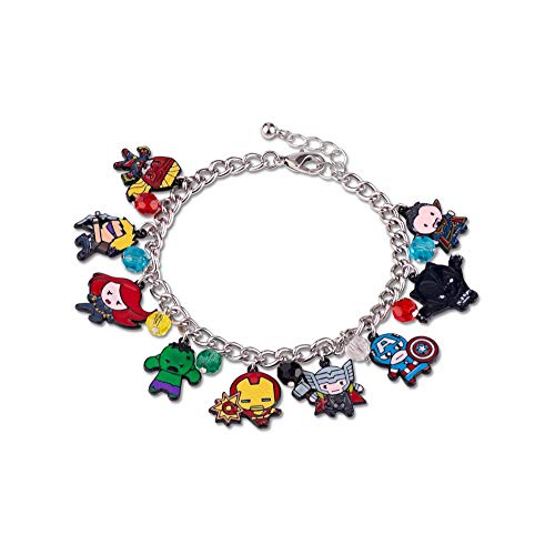 The Avengers Chibi Form Characters 15mm Enamel Charm Bracelet - Polished Silver Finish Chain Bangle Jewelry with Colorful Beads for Men & Women - Cool Novelty Item for Marvel Movies or Comics Fans