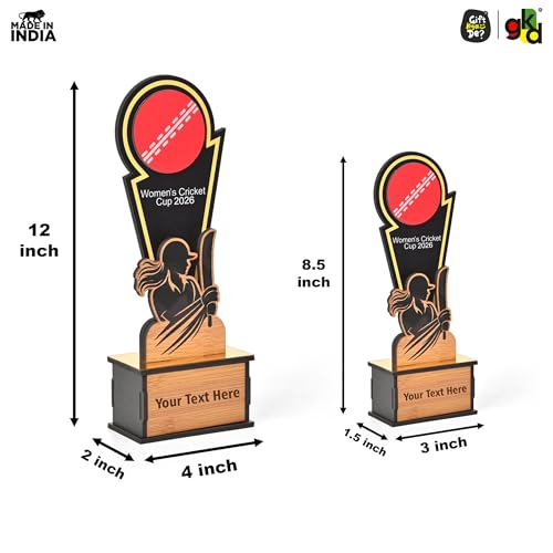 Image of GKD Wooden Cricket Trophy for Winners - Women's Cricket Cup Memento for Tournaments, Corporate Events & School Competitions | Self-Customizable with Stickers (Women 8.5 Inch)