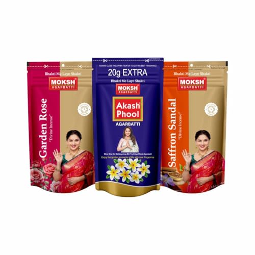 Image of Moksh Agarbatti Combo Pack 8N - Saffron Sandal x3, Garden Rose x3 & Akash Phool x2 Fragrance - Made with Charcoal Powder, Sawdust, Bamboo Stick & Perfume - for Puja, Meditation & Serenity