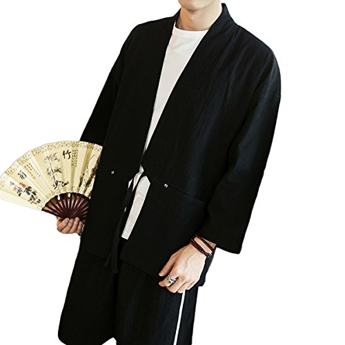 Men's Cotton Blends Linen Open Front Cardigan Embroidery Kimono Jackets3