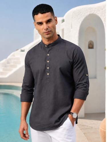 Image of Majestic Man Men's Pure Cotton Solid Mandarin Collar Slim Fit Roll-Up Sleeves Short Kurta Lightweight Summer Kurta for Daily & Occasion Use